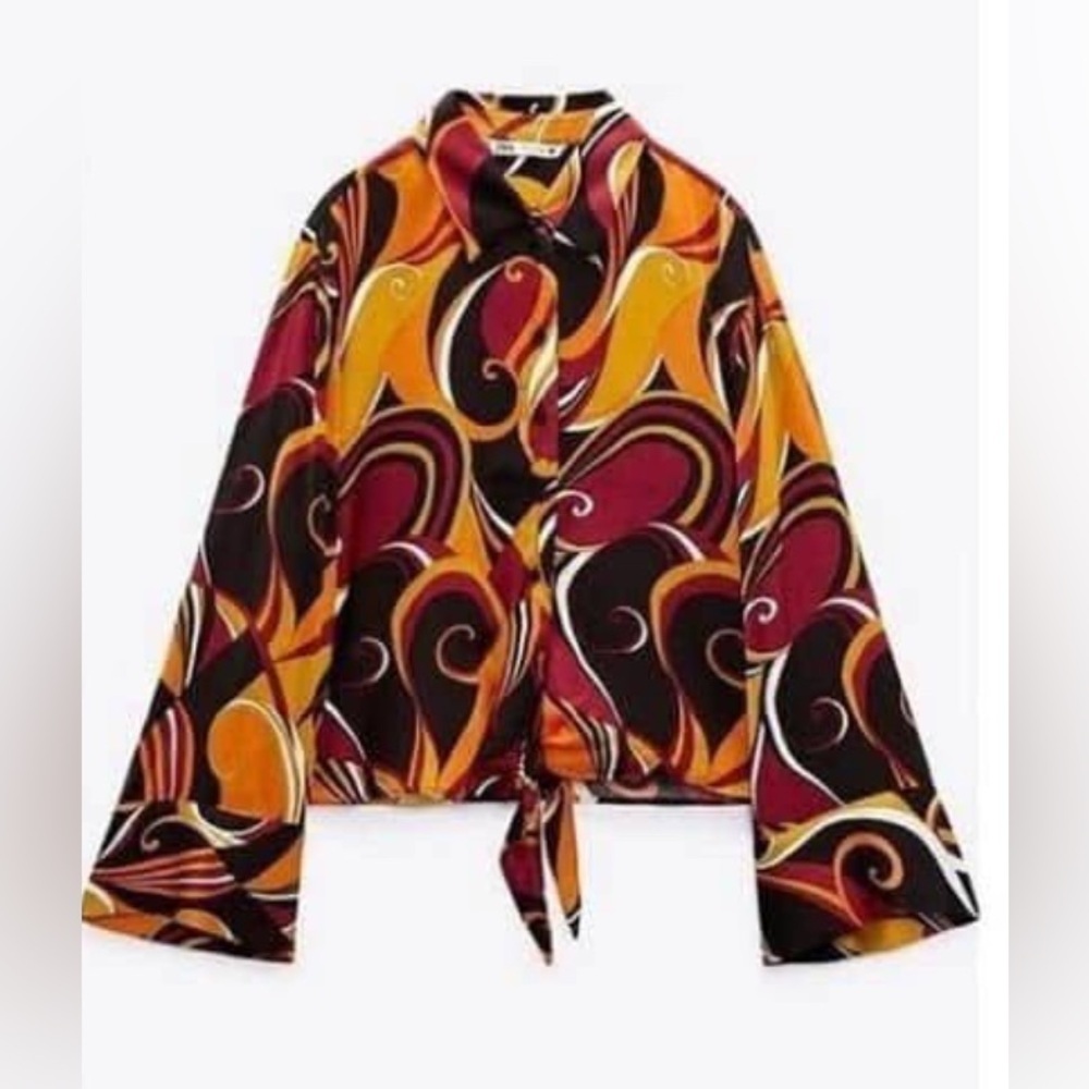 Zara Tie-Front Swirl Print Blouse - Black, Burgundy, Mustard